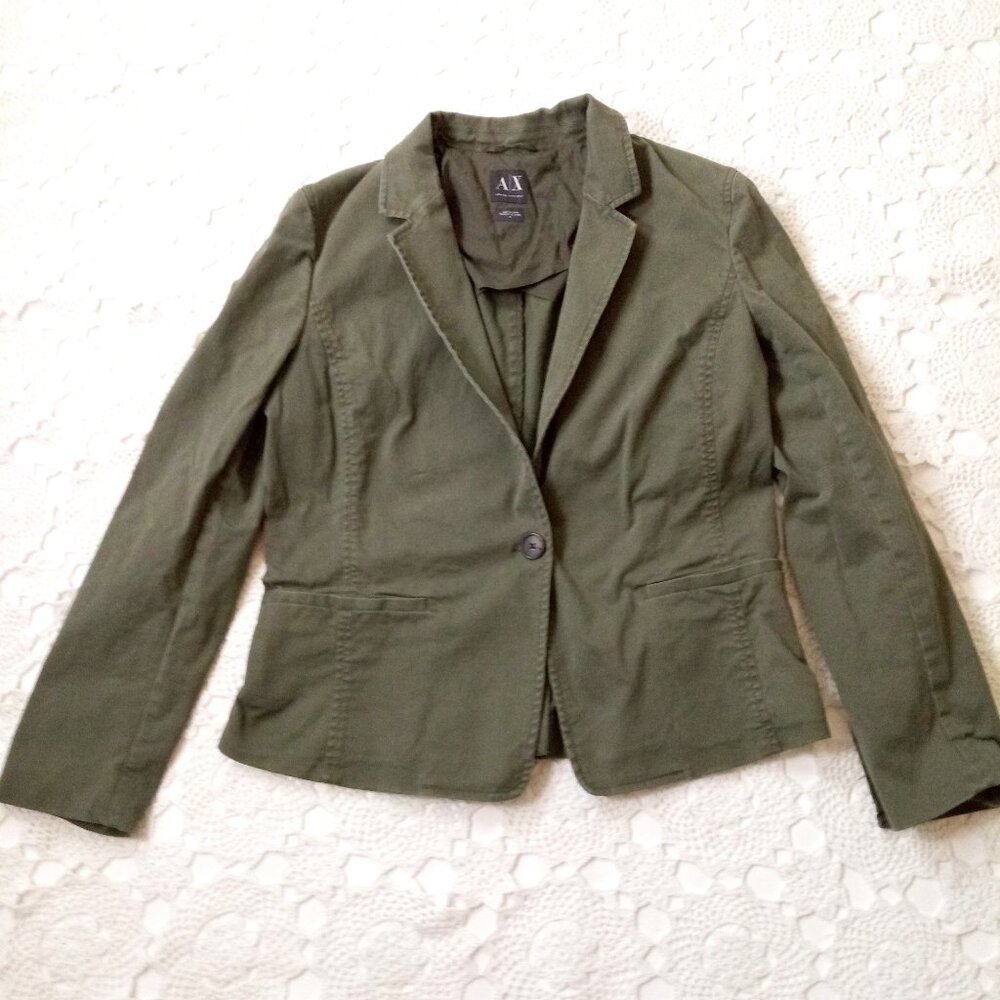 AX Armani Exchange Blazer Jacket Army Green Stretch Cotton Notch Collar 12 Women